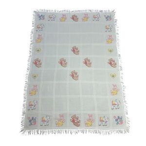Vtg. Hand Made Ivory Pastel Color Baby Animals Cross Stitch Fringed Baby Blanket